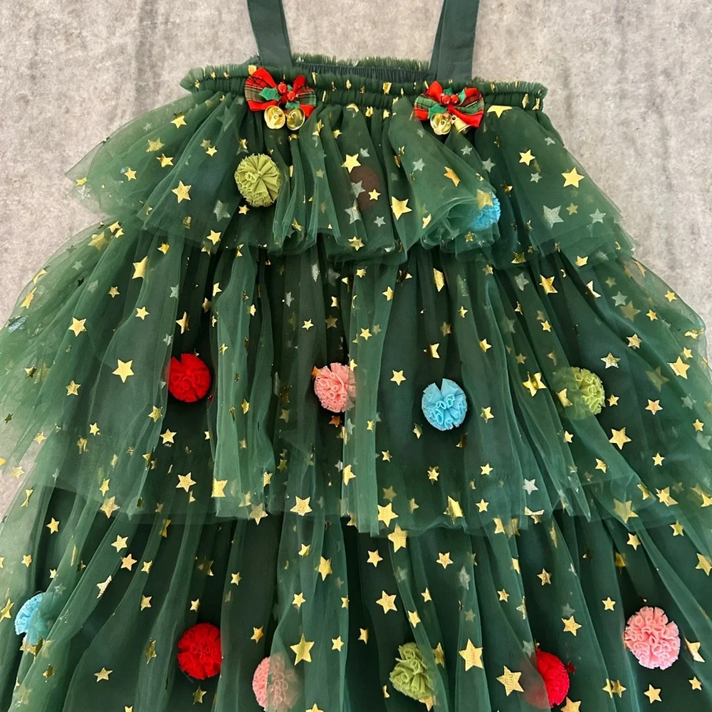 Festive Christmas Tree Costume Dress with Pom-Pom Ornaments